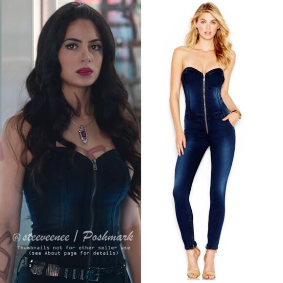 Guess Moto Strapless Front Zip Denim Jumpsuit ASO Isabelle Lightwood - Picture 2 of 11